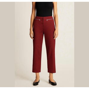 MANGO red black houndstooth cropped twill straight-leg slim pants Sz US 12